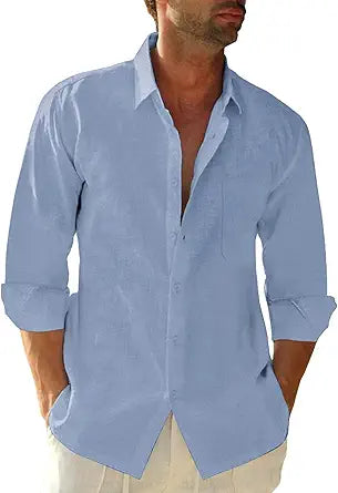 Light Blue Linen Shirt - 3/4 Sleeves Casual Summer Look